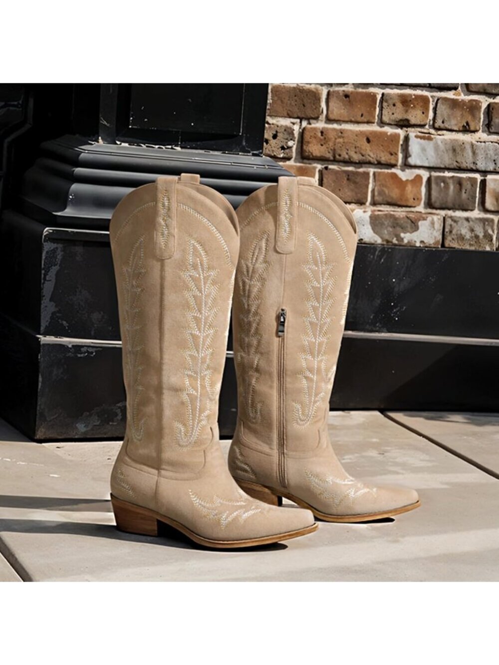 Women's Beige Rubber Knee High Cowgirl Classic Retro Embroidered Tall Heel Boots - Picture 4 of 4